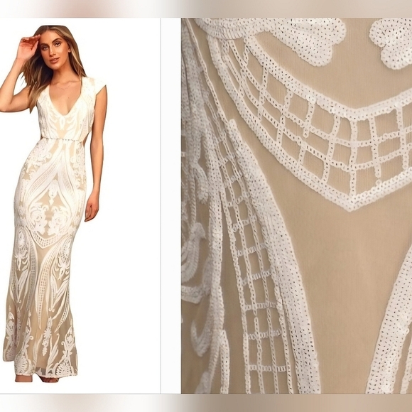 LULU'S Always Adored White and Nude Sequin Mermaid Maxi Dress.  Size small - Picture 1 of 16